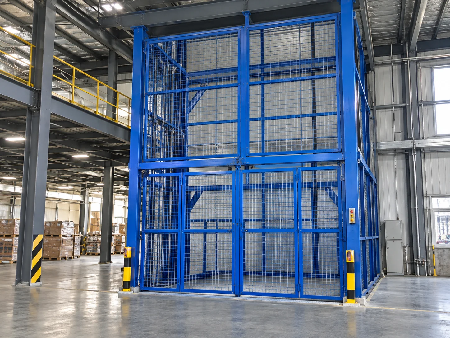 Installed enclosed cargo lift in an industrial building