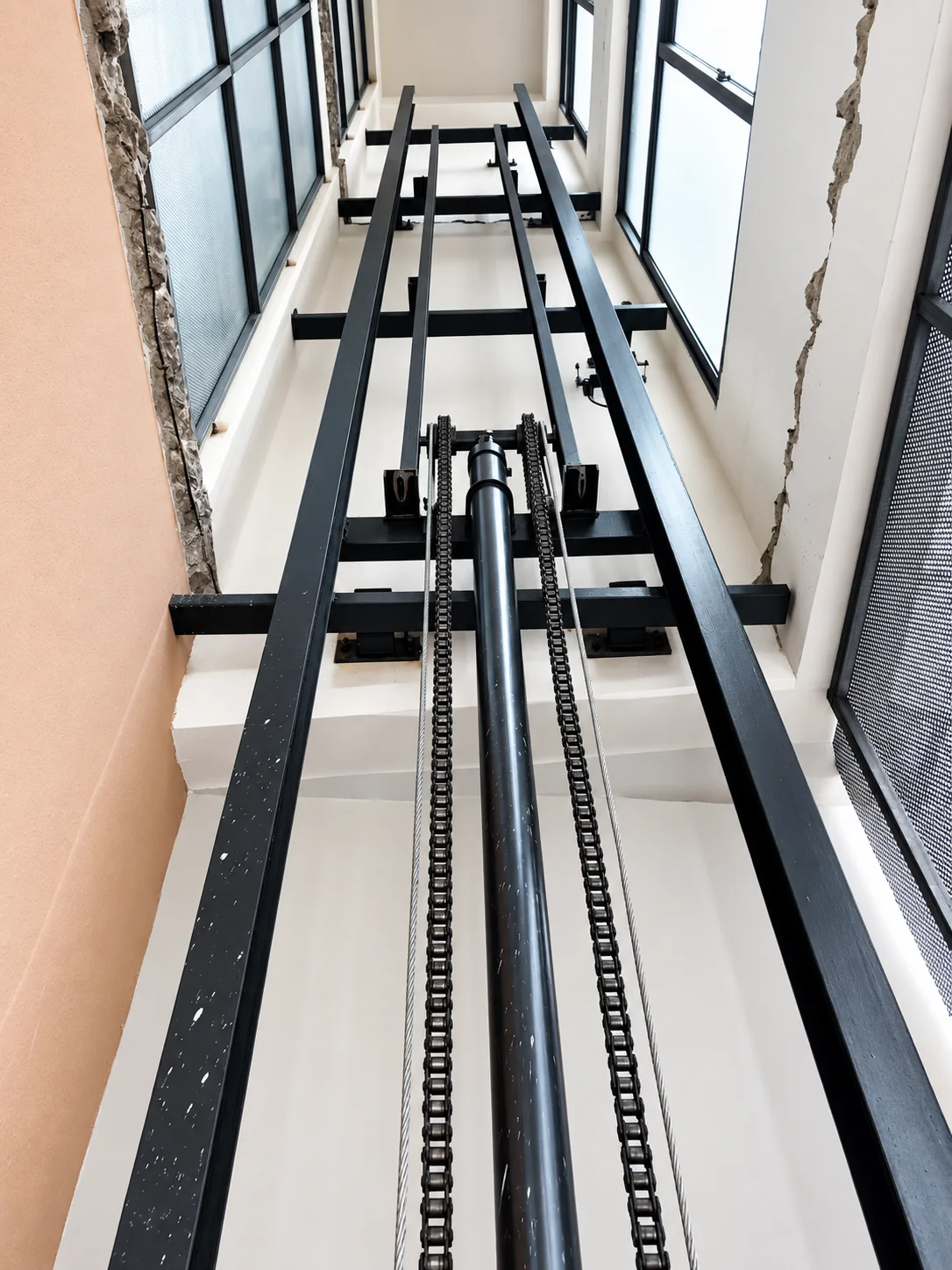 Hydraulic cylinder and chain structure inside a single-sided lift shaft